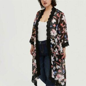 Torrid Crocheted Lace Trimmed Floral Kimono Duster [size 1/2]